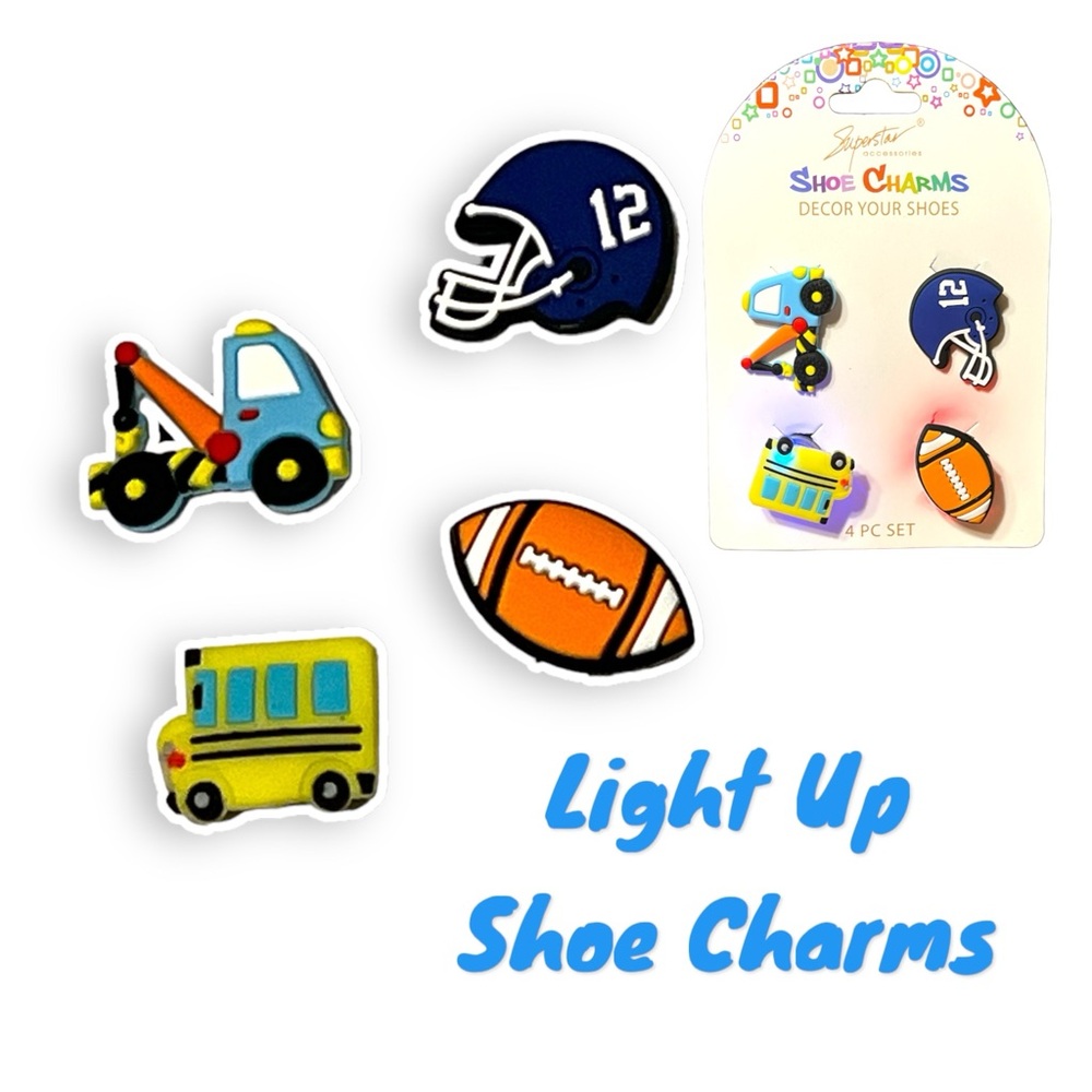Light Up Shoe Croc Charms Set of 4 Tow Truck, Football Helmet, Bus & Football